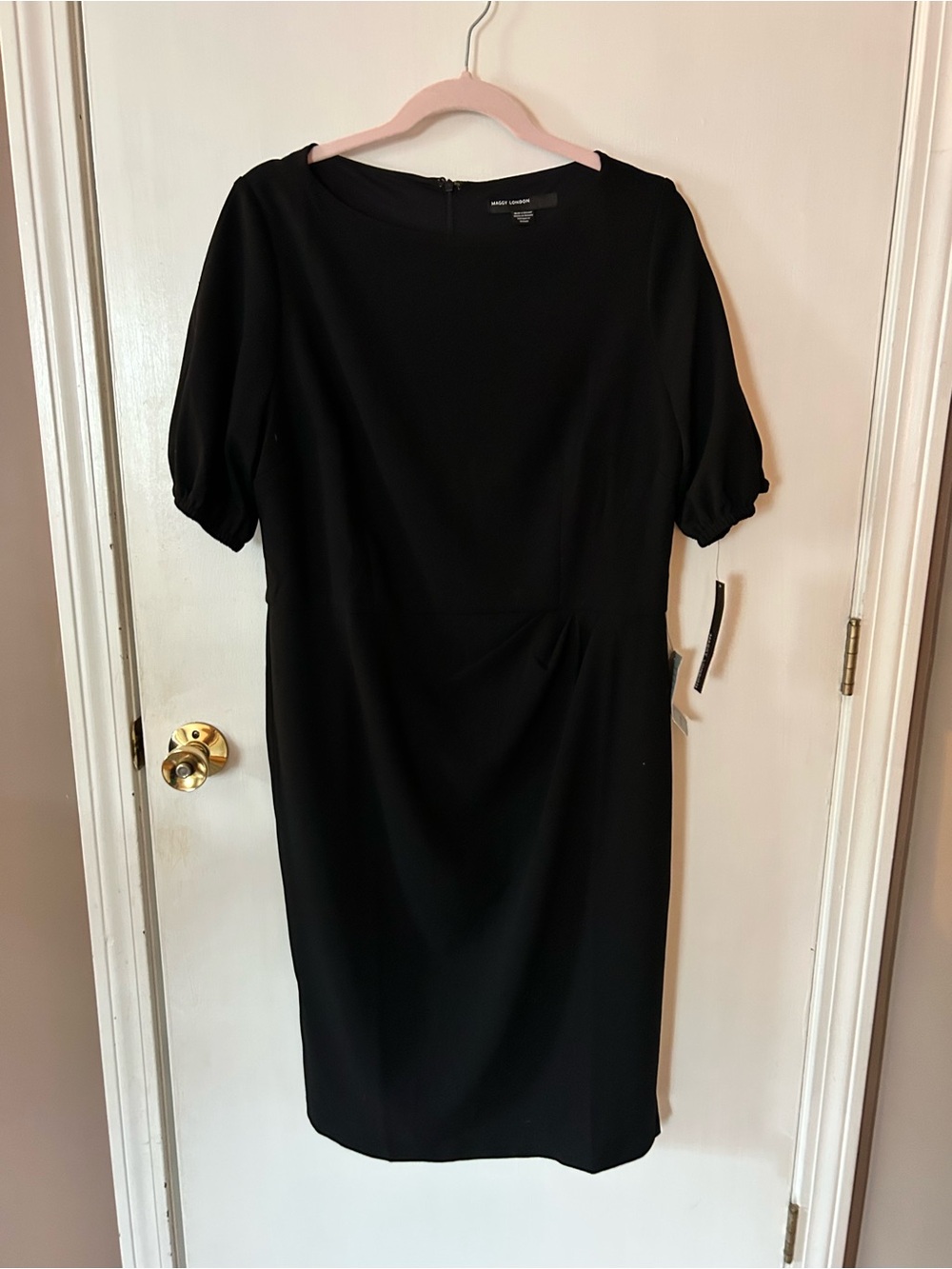 Maggy London Black Midi Sheath Dress with Short Puff Sleeves